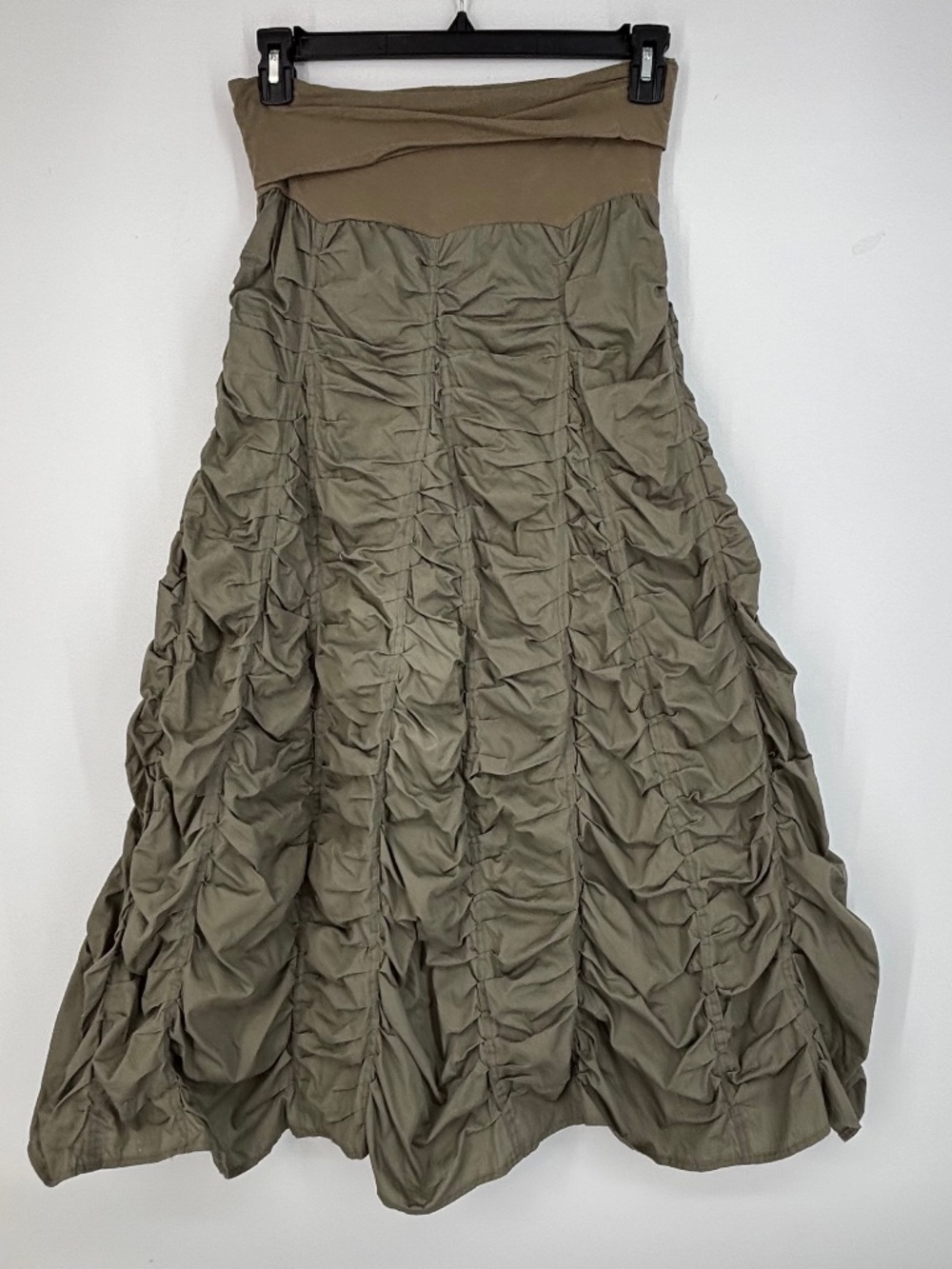 Elan Womens Large Medium Maxi Skirt Faded Olive Green Ruched Woven Cotton A-Line